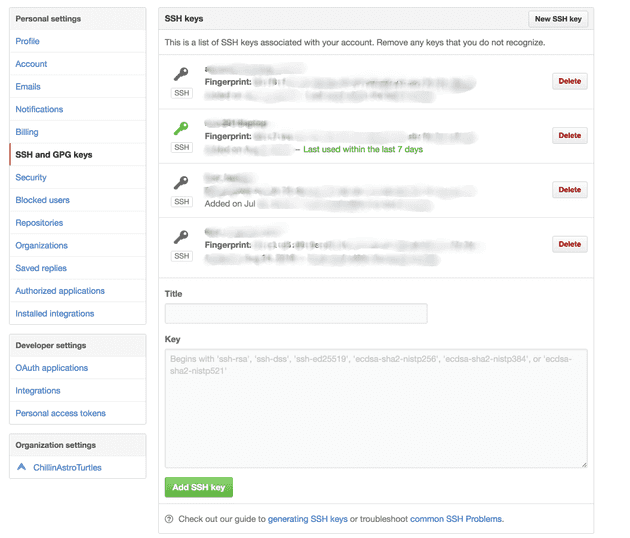 GitHub ssh configuration key settings page